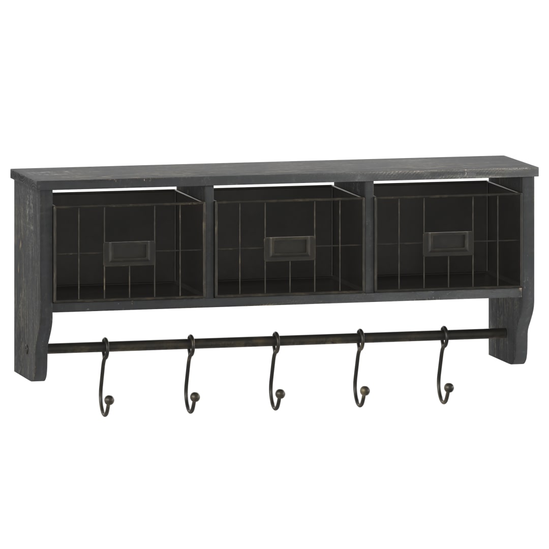 Daly Wall Mounted 24 Inch Solid Pine Wood Storage Rack with Upper Shelf, 5 Hooks, Wire Baskets For Entryway, Kitchen, Bathroom in Blackwashed