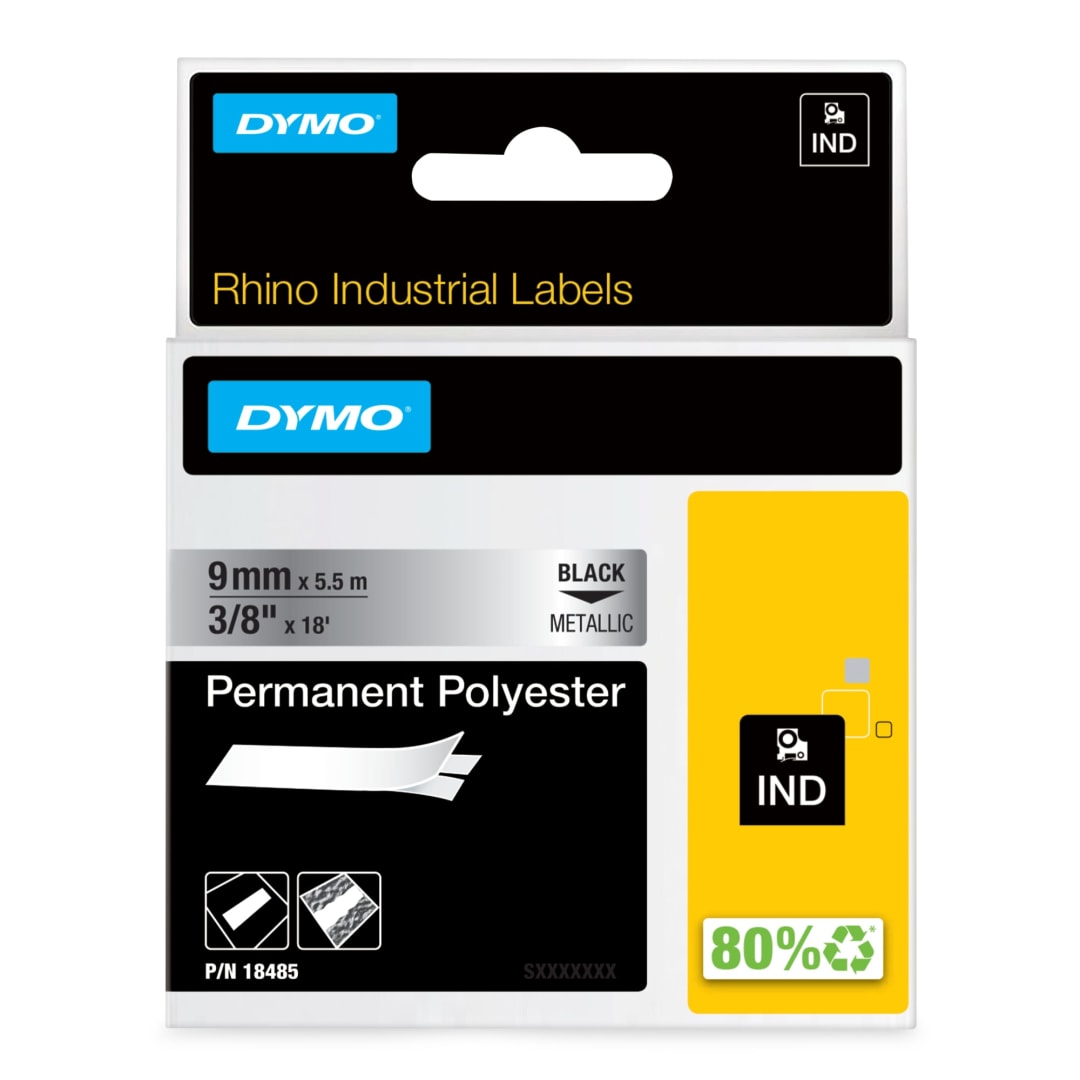 DYMO® Rhino Industrial Permanent Polyester Labels, 3/8", Black Print on Metallic Tape