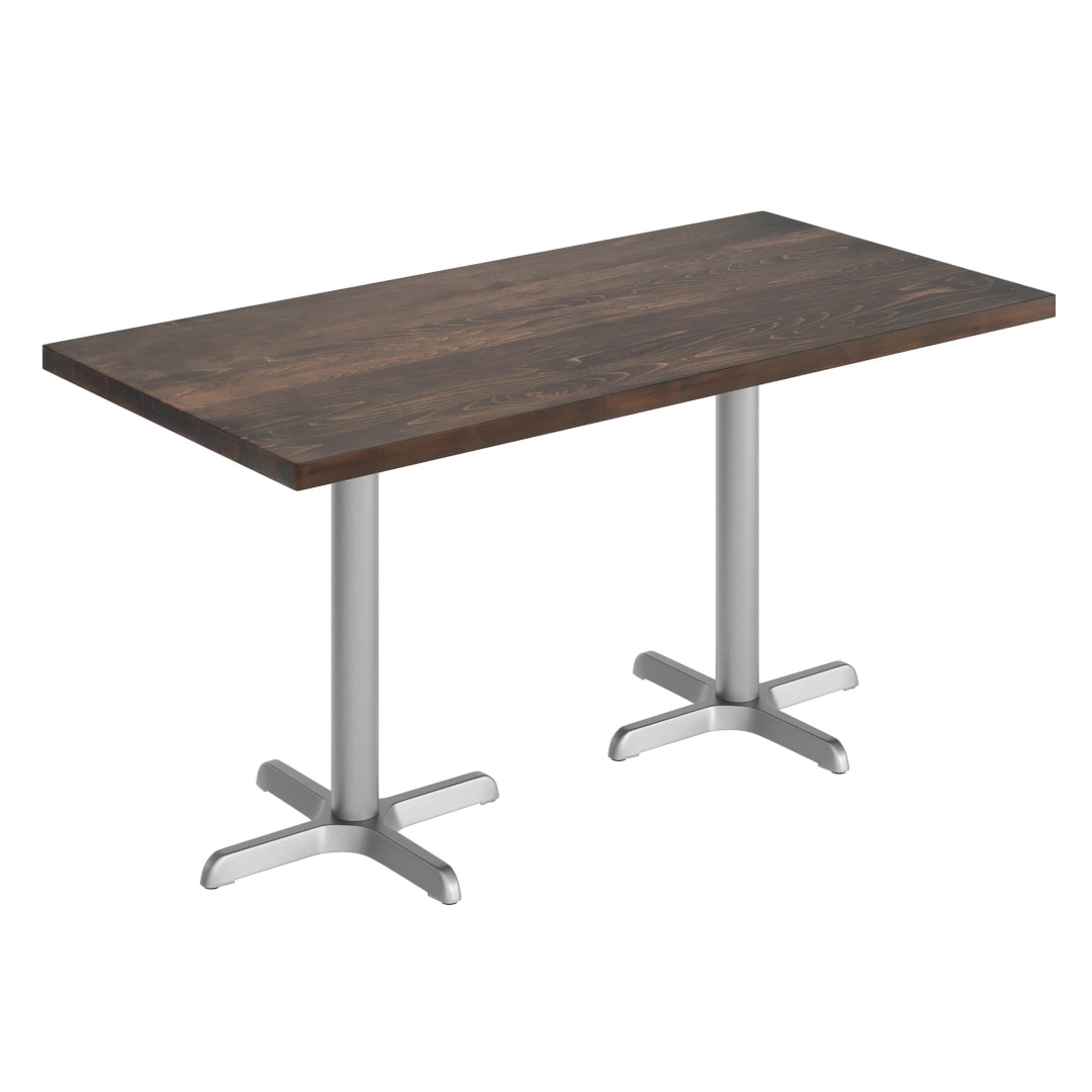 Bennett 30" x 60" Solid Wood Commercial Indoor Tabletop in Dark Brown with 22" x 22" Dining Height Rust-Resistant Silver Cast Iron X-Base