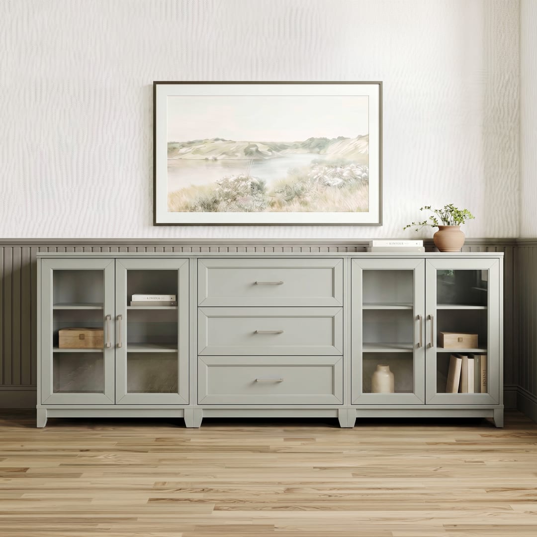 Bedford 2-Piece Modular Shaker Cabinet and 3-Drawer Base Cabinet Set with Brushed Stainless Steel Hardware, Soft-Close Glass Doors, Bedford Gray