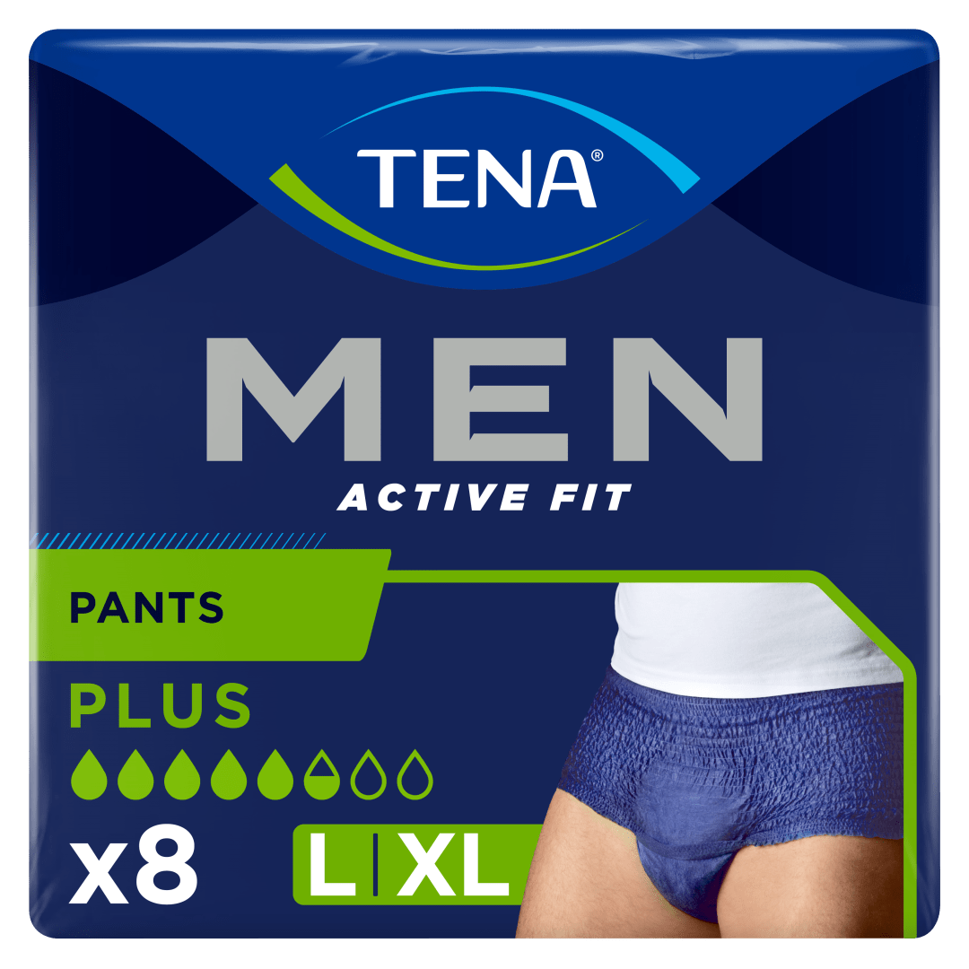 TENA Men Active Fit Pants Plus – Incontinence Pants for Men, Heavy Urine Leakage, Triple Protection Against Leaks, Odour &amp; Moisture, Comfortable Underwear-Like Fit - L/XL Pack of 8