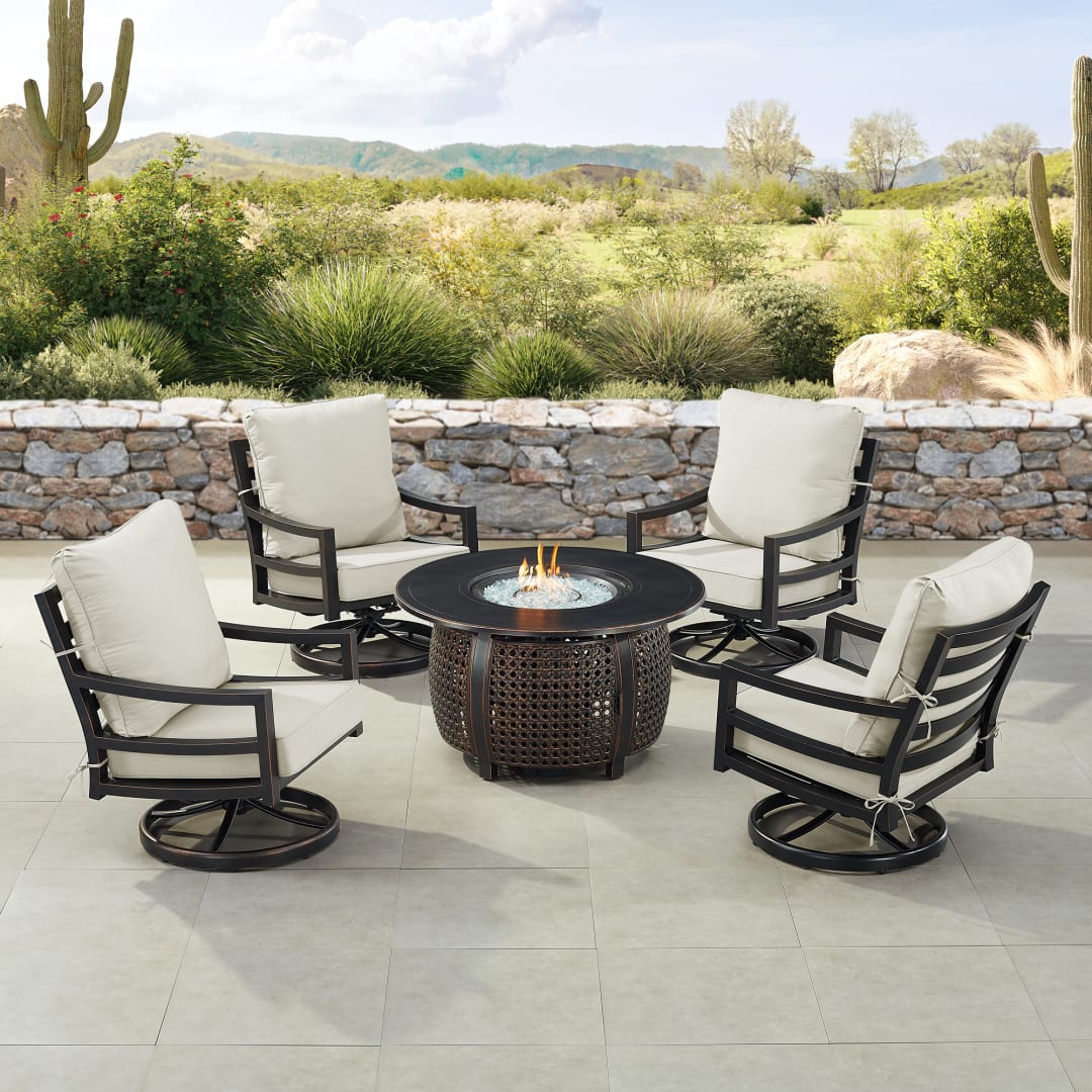 Black Aluminum Patio Fire Table Set with Four Club Chairs