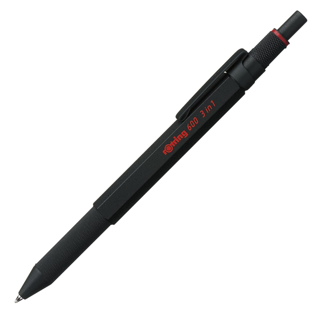 rOtring 600 3-in-1 Multicolor Pen and Mechanical Pencil, Switches Between 2 Ballpoint Pen Fine Point Tips (Black and Red Ink) and 1 Mechanical Pencil Tip (0.5mm Lead), Black Barrel