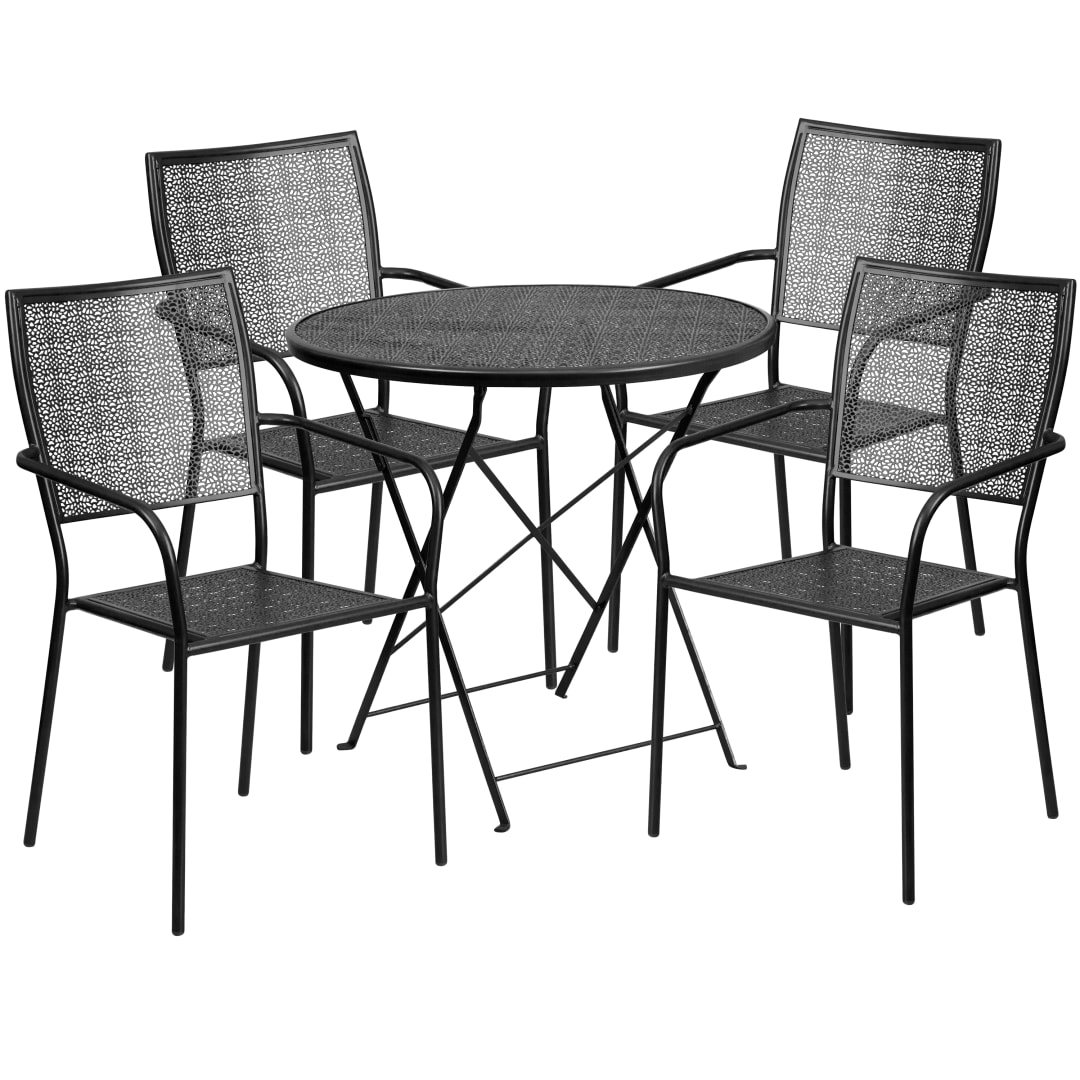 Oia Commercial Grade 30" Round Black Indoor-Outdoor Steel Folding Patio Table Set with 4 Square Back Chairs