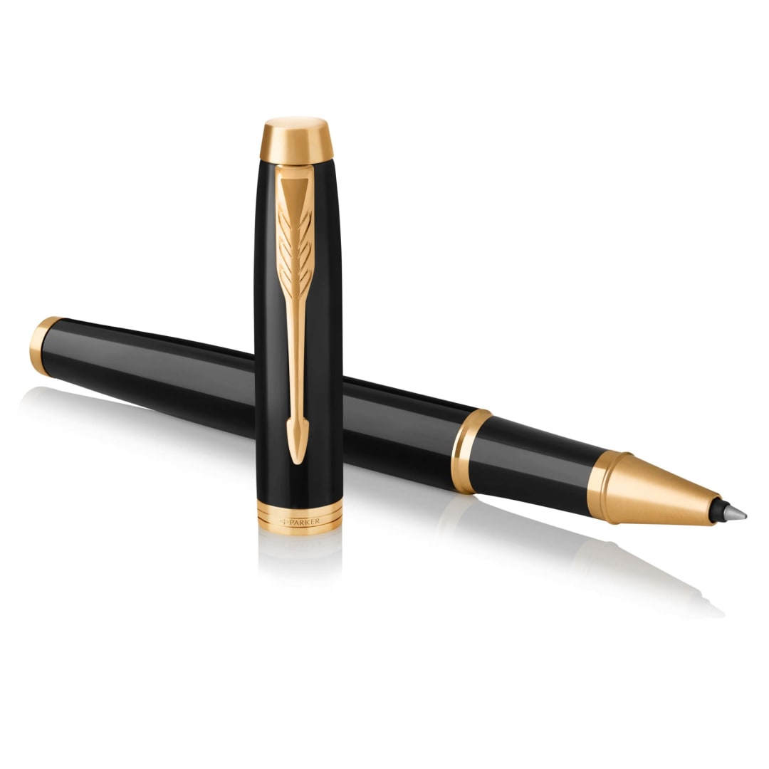 Parker IM RollerBall® Pen, Black Lacquer Gold Trim with Fine Point Black Ink Refill, Gift Box (1931659)