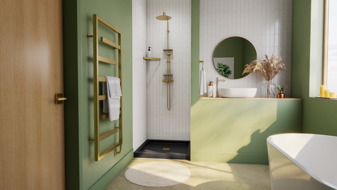 DreamLine SlimLine 36 inch D x 36 inch W x 2 3/4 inch H Single Threshold Black Alcove Shower Base with 2 inch Brushed Brass Center Round Drain