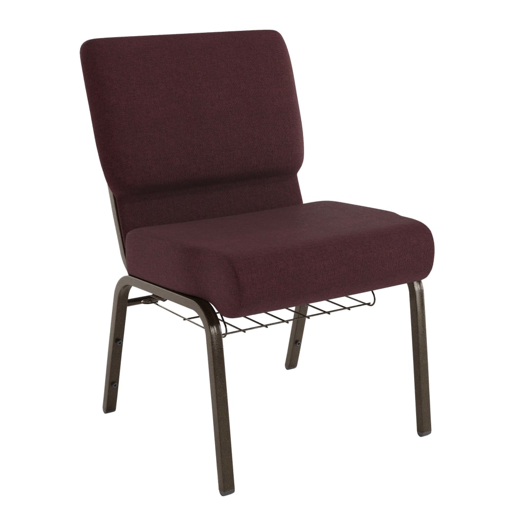 HERCULES Series 21''W Church Chair in Plum Fabric with Cup Book Rack - Gold Vein Frame