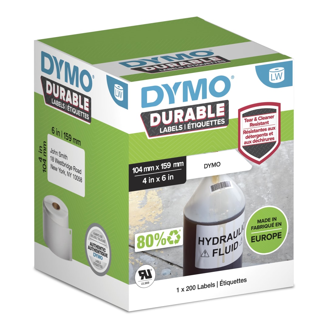 DYMO® Authentic LabelWriter™ Durable Labels | 104mm x 159mm | White Poly | 200 Large Self-Adhesive Labels | High-Performance | For LabelWriter™ Label Makers