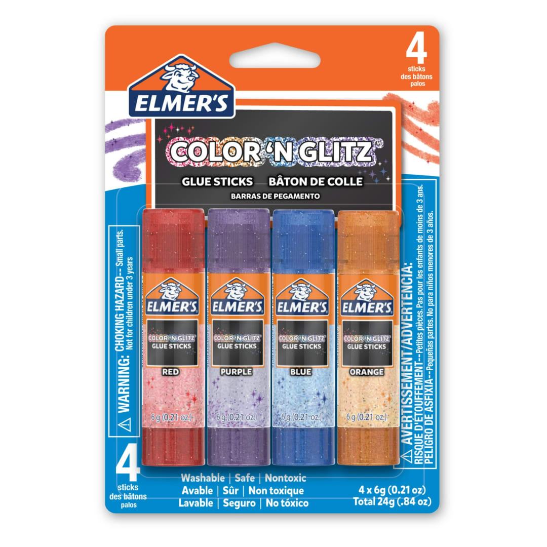 Elmers Color 'n Glitz Glue Sticks, Washable, Assorted Colors, 6 Grams, 4 Pack