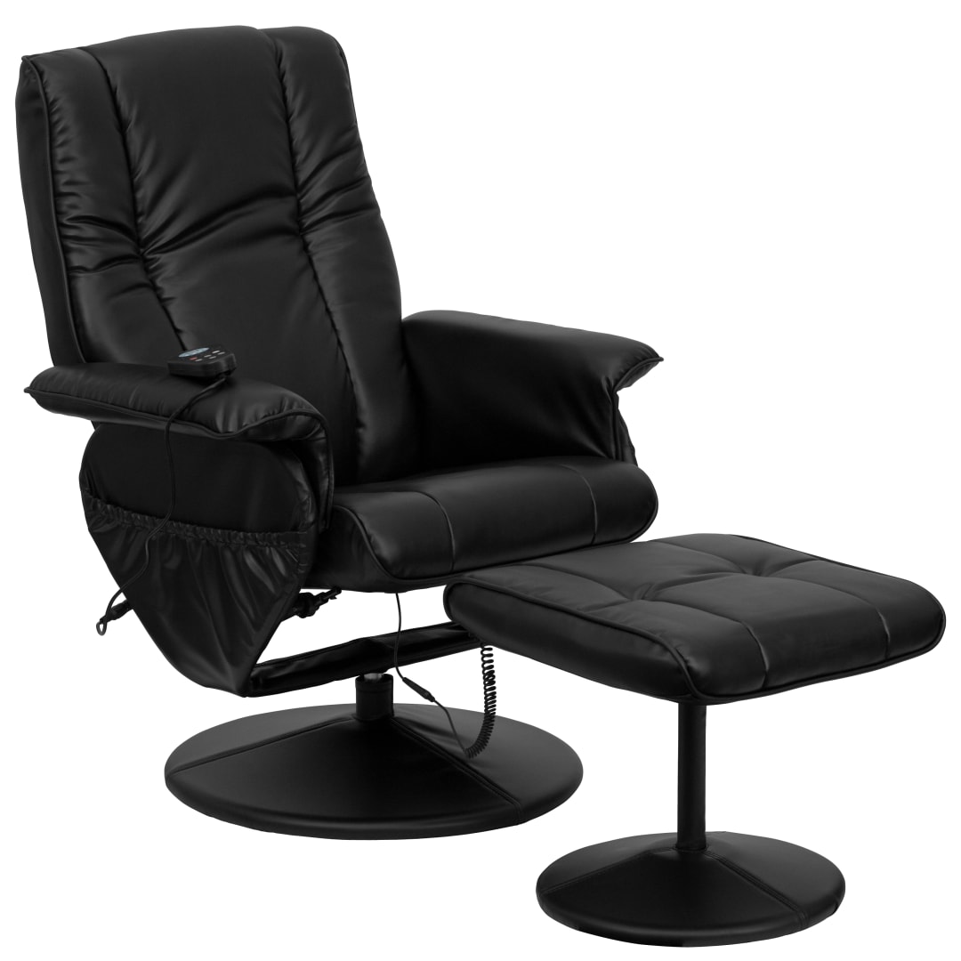 Hall Massaging Heat Controlled Adjustable Recliner and Ottoman with Wrapped Base in Black LeatherSoft