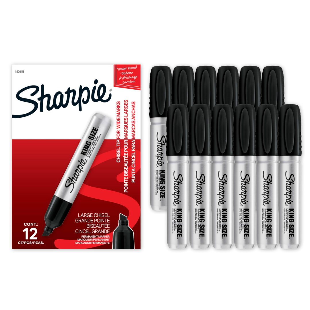 Sharpie King Size Permanent Markers, Large Chisel Tip, Great For Poster Boards, Black, 12 Count