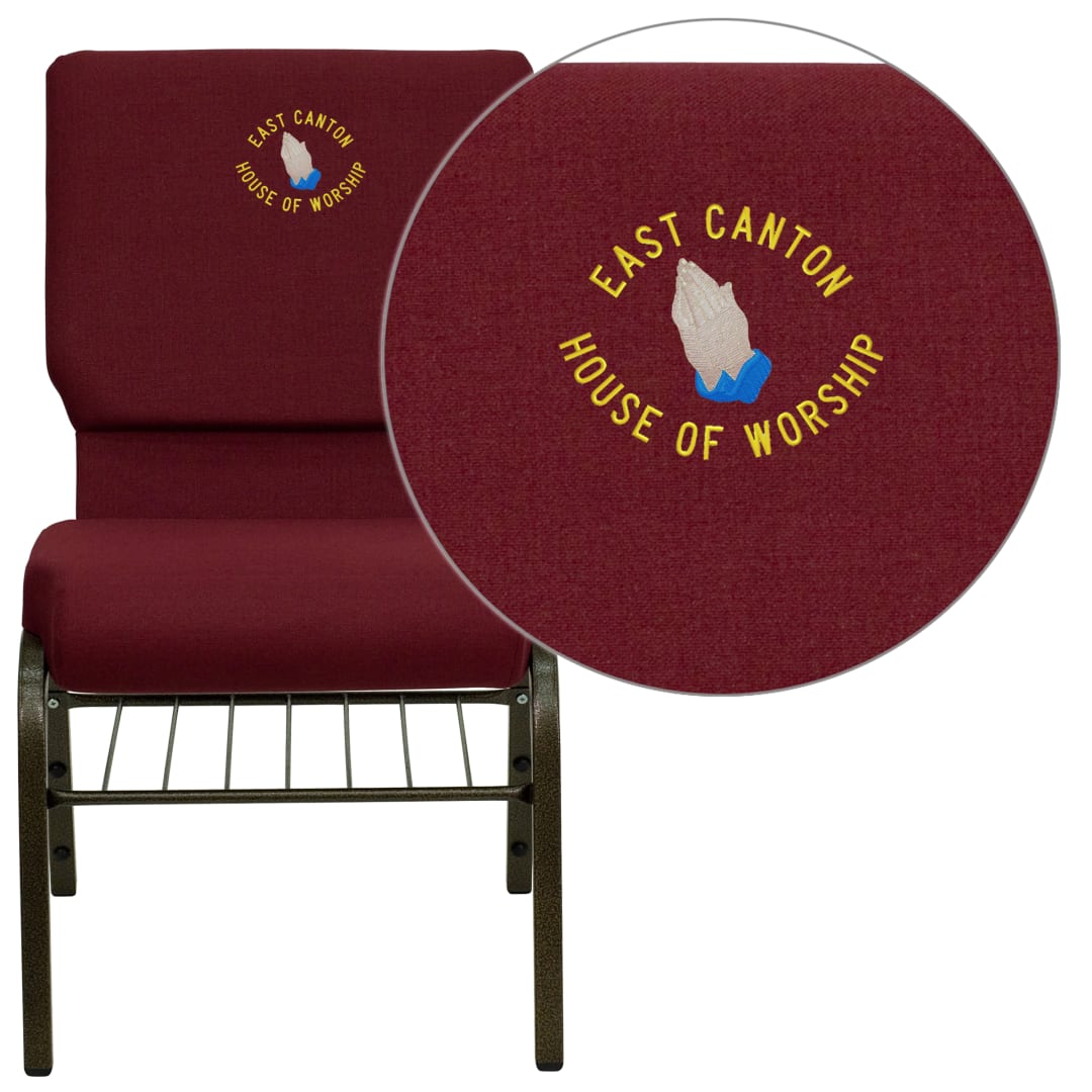 Embroidered HERCULES Series 18.5''W Church Chair in Burgundy Fabric with Book Rack - Gold Vein Frame