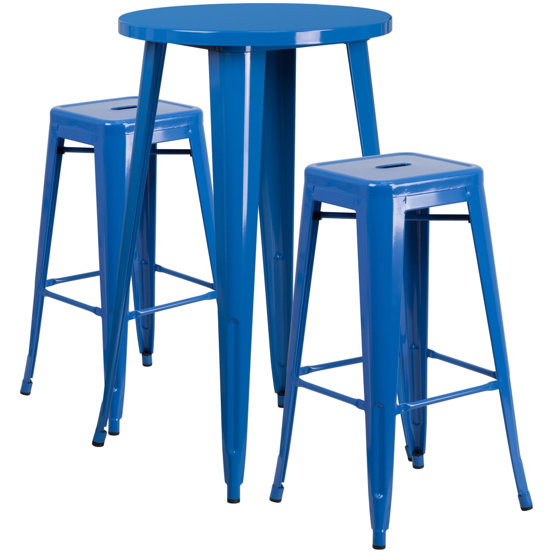 Douglas Commercial Grade 24" Round Blue Metal Indoor-Outdoor Bar Table Set with 2 Square Seat Backless Stools