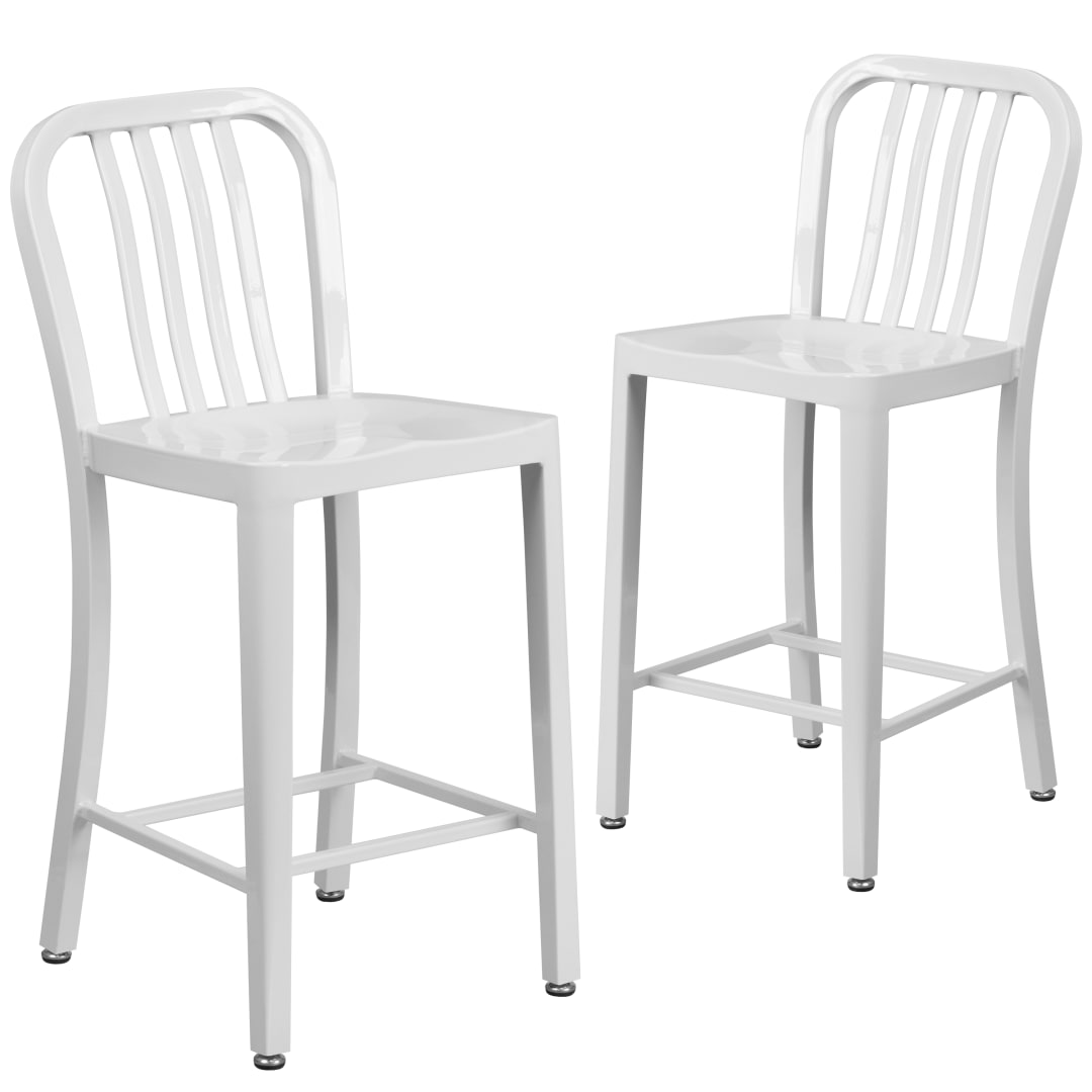 Gael Commercial Grade 2 Pack 24" High White Metal Indoor-Outdoor Counter Height Stool with Vertical Slat Back