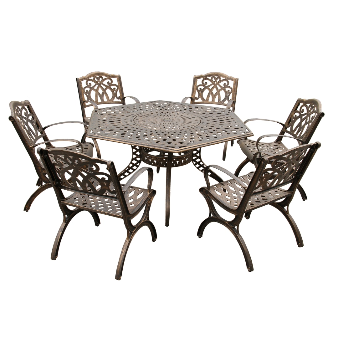 Modern Ornate Outdoor Mesh Aluminum 63-in Large Bronze Hexagon Patio Dining Set with Lazy Susan and Six Chairs