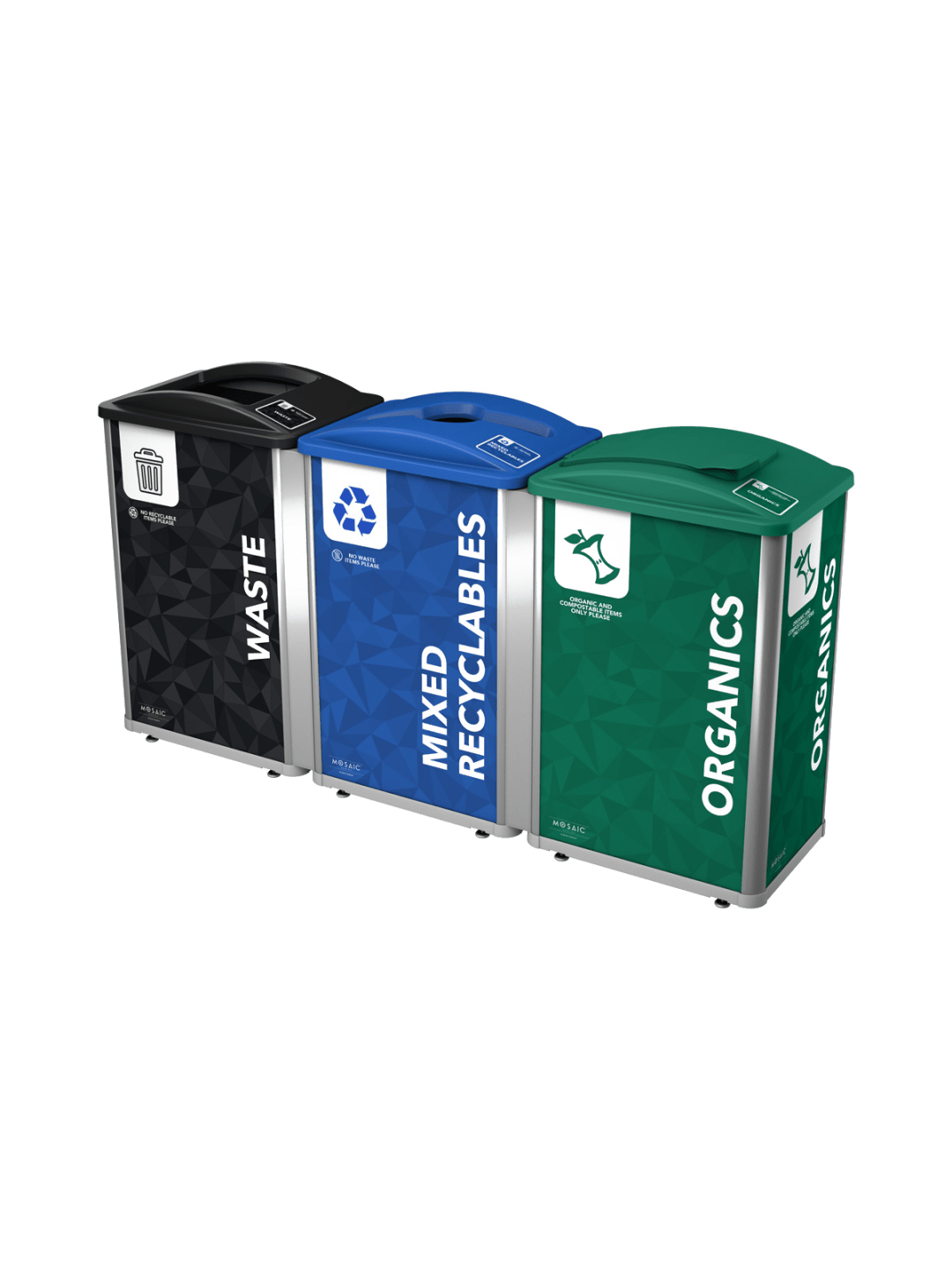 MOSAIC - Triple - Kit - Waste-Recyclables-Organics - Full-Mixed-Solid Lift - Silver-Black-Blue-Green