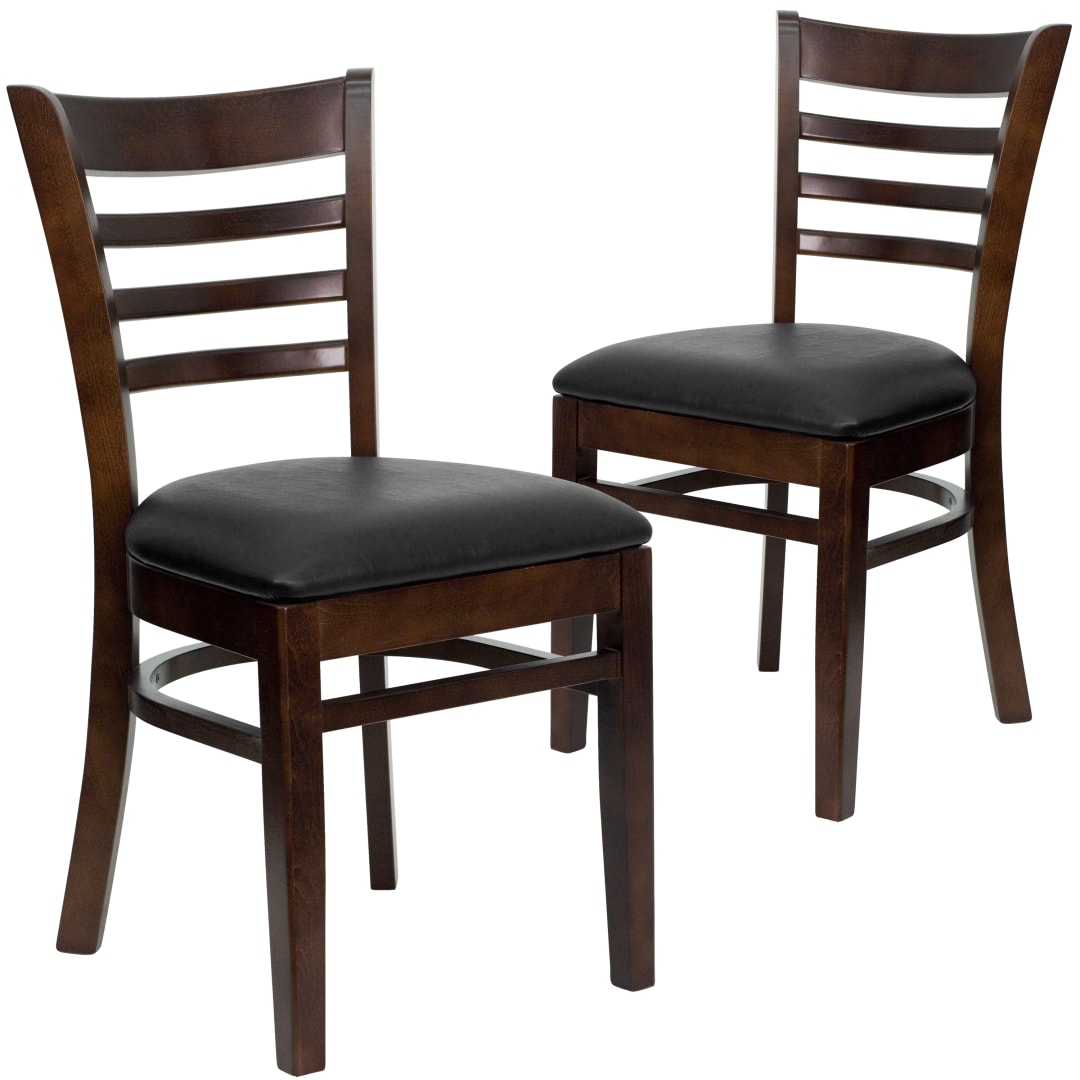 2 Pack HERCULES Series Ladder Back Walnut Wood Restaurant Chair - Black Vinyl Seat