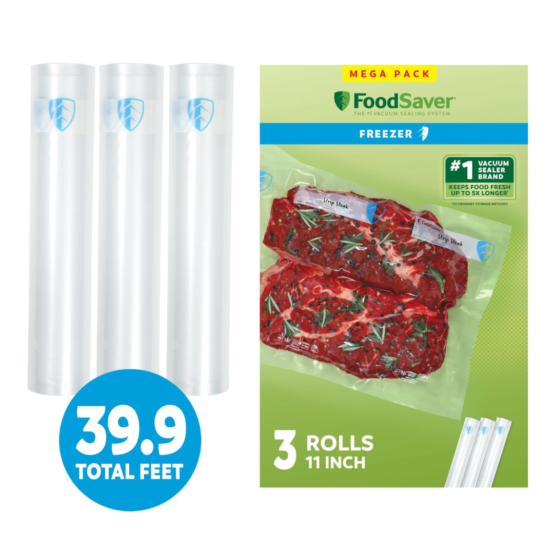 FoodSaver Vacuum Sealer Rolls, 3 Pack 11" x 13.3' Rolls, BPA-Free Custom Size Freezer Bags for Food Storage, Sous Vide, and Meal Prep
