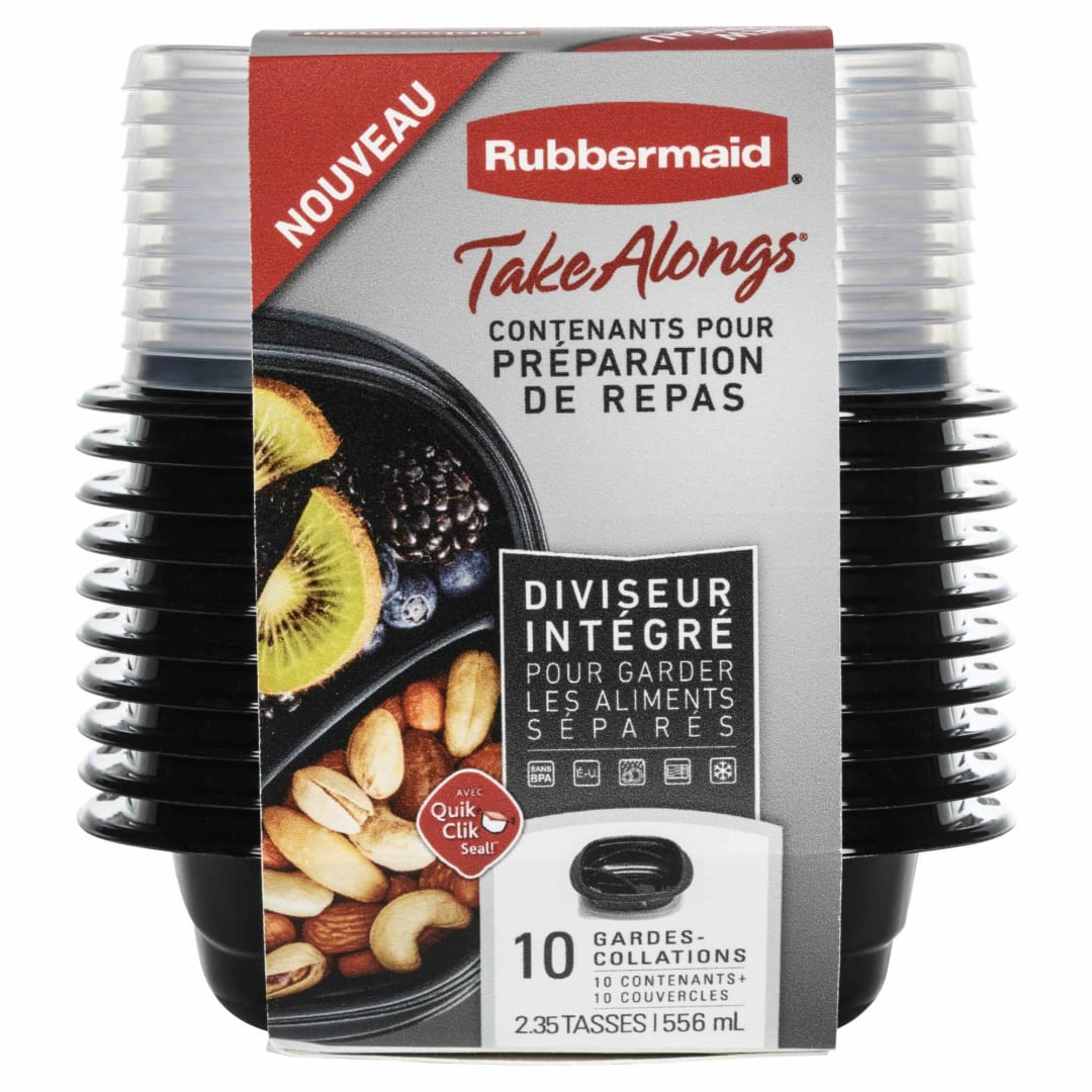 Rubbermaid® TakeAlongs® Divided Snacker Food Storage Containers, 2.3 Cup, Set of 10 (20 Pieces Total), Black