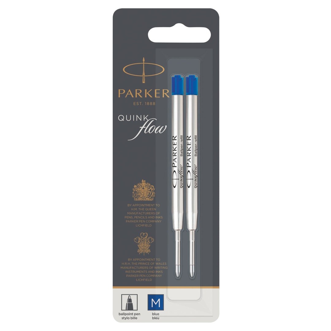 Parker Recambios para bolígrafos | Punta mediana | Tinta azul QUINKflow | 2 unidades