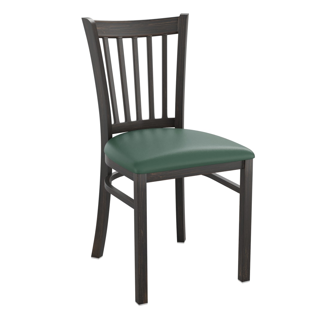 HERCULES Series Distressed Gold Vertical Back Metal Restaurant Chair - Green Vinyl Seat