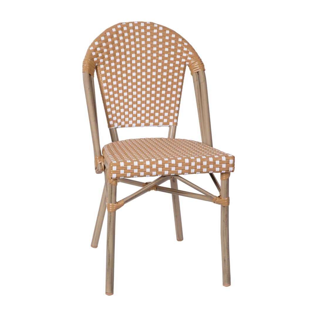 Lourdes Indoor/Outdoor Commercial Bistro Stacking Chair, Natural/White PE Rattan Back and Seat, Bamboo Print Aluminum Frame in Light Natural