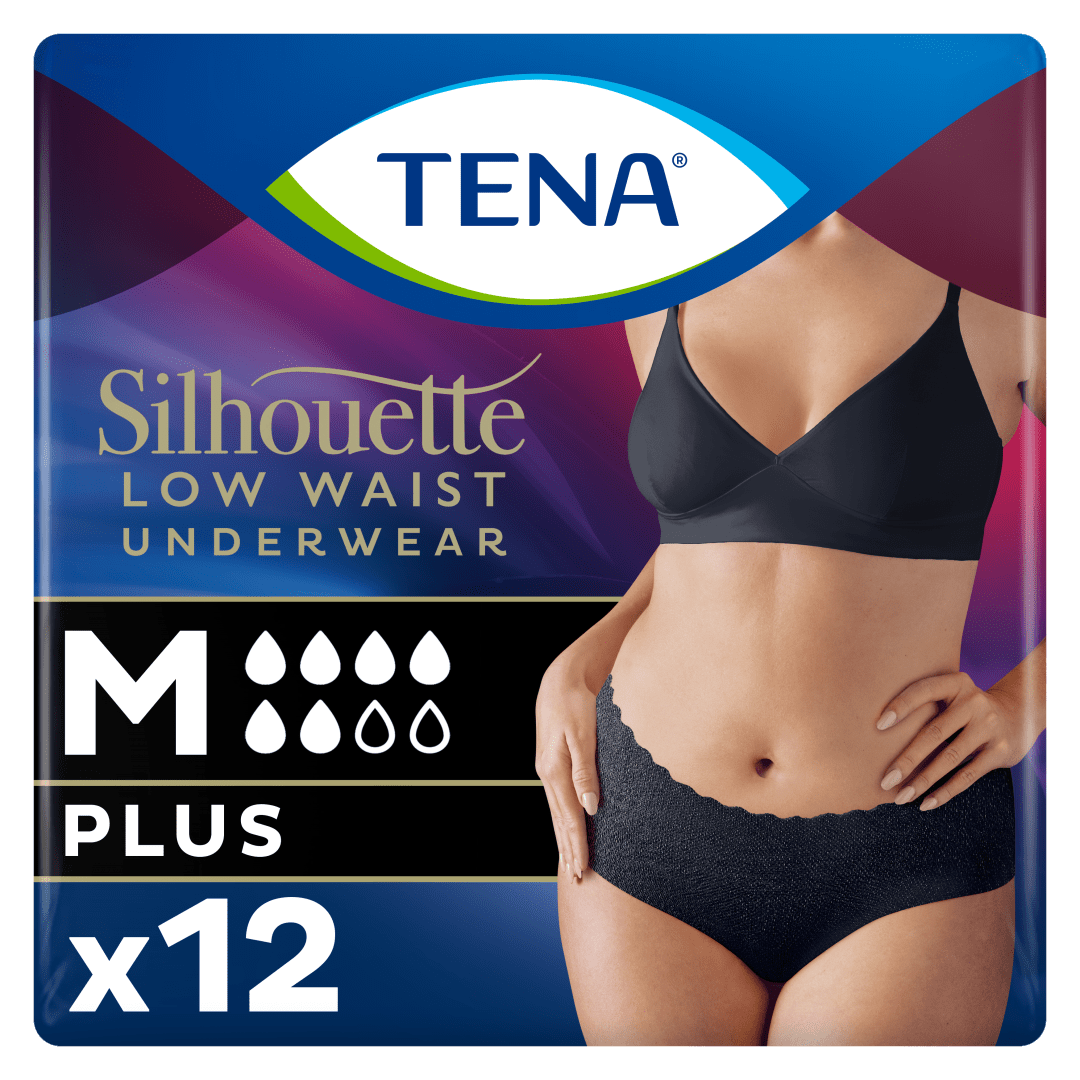 TENA Silhouette Plus Low Waist – Elegant Discreet Incontinence Underwear for Women, Moderate to Heavy Leakage Protection, Stylish Design &amp; Triple Protection, Black, Medium, Pack of 12