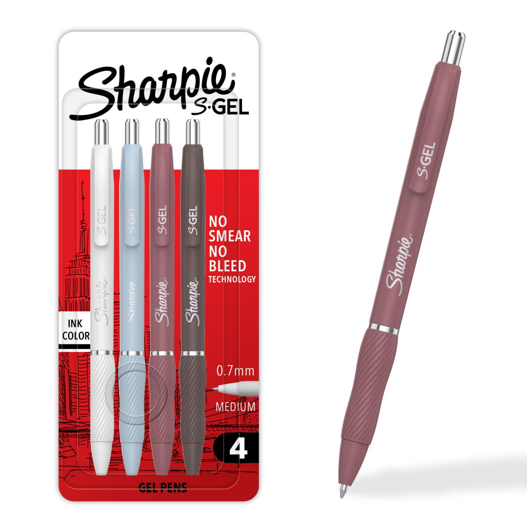 Sharpie S-Gel, Gel Pens, Medium Point (0.7mm), Assorted Fashion Barrels, Black Ink, 4 Count