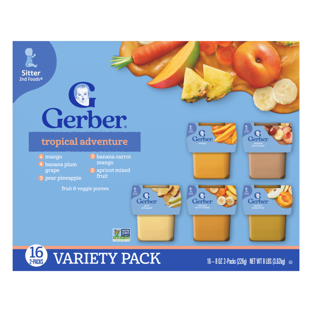 Gerber Stage 2 Baby Food, Tropical Adventures Puree Tubs, Baby Puree, Variety 32PK