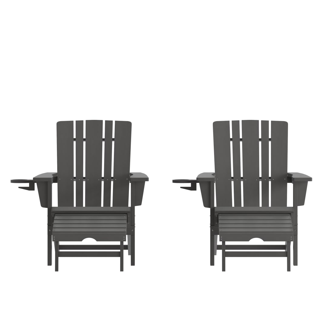 Halifax HDPE Adirondack Chair with Cup Holder and Pull Out Ottoman, All-Weather HDPE Indoor/Outdoor Lounge Chair in Gray, Set of 2