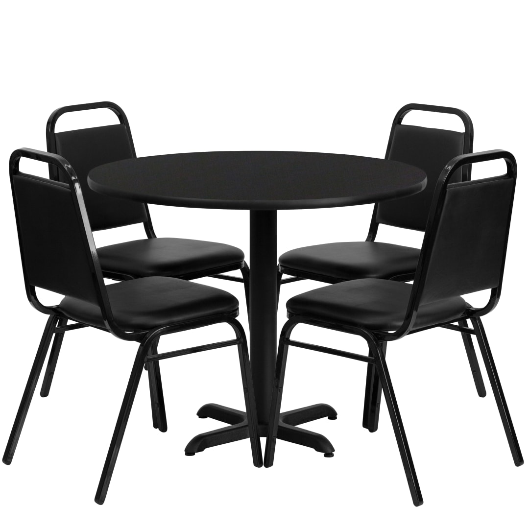 Carlton 36'' Round Black Laminate Table Set with X-Base and 4 Black Trapezoidal Back Banquet Chairs