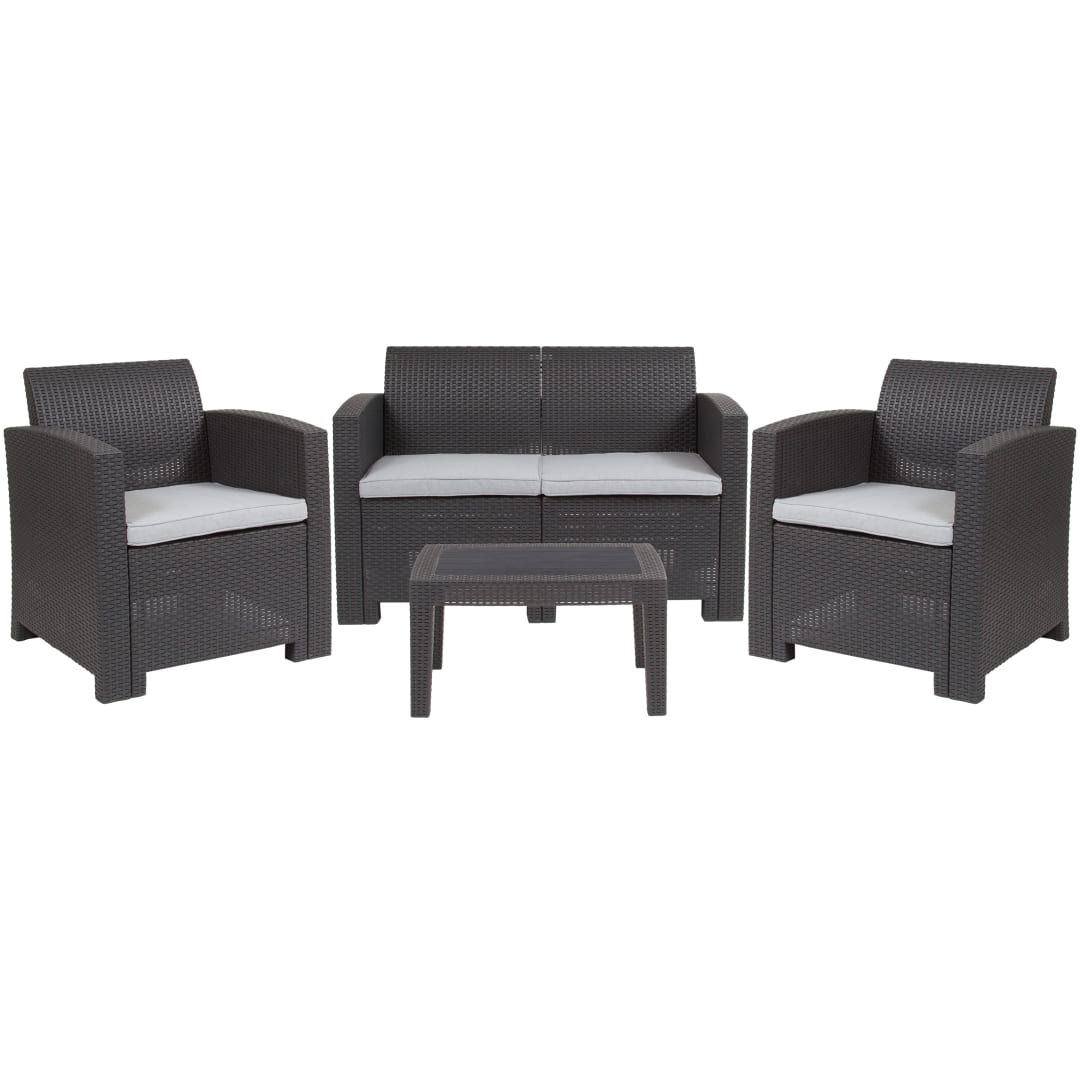 Seneca 4 Piece Outdoor Faux Rattan Chair, Loveseat and Table Set in Seneca Dark Gray