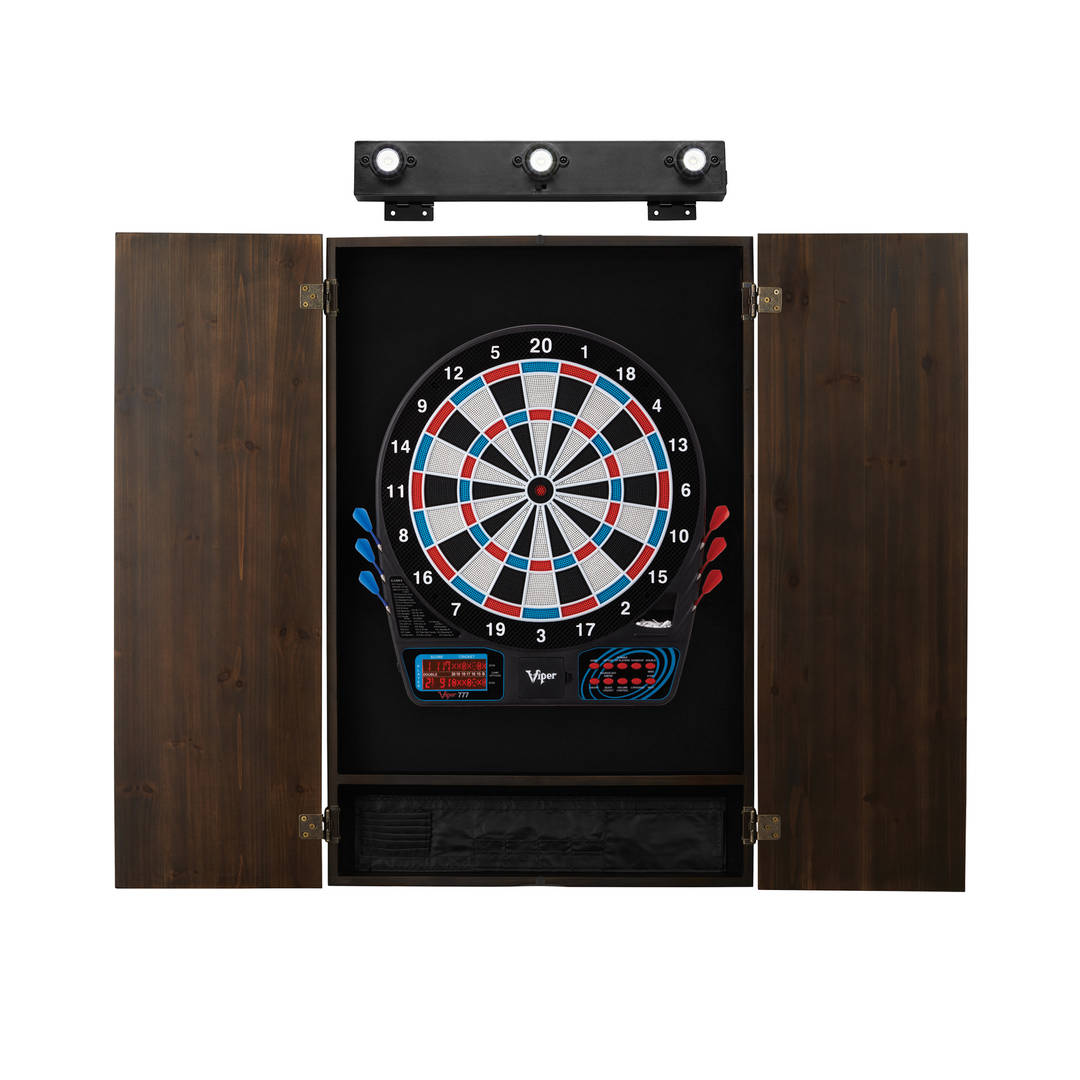 Viper 777 Electronic Dartboard, Metropolitan Espresso Cabinet & Shadow Buster Dartboard Light Bundle