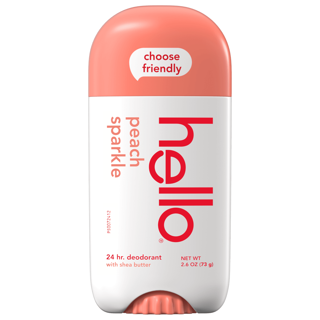 hello Peach Sparkle Aluminum Free Deodorant for Women and Men with Shea Butter, 24-Hour Freshness, Baking Soda Free Deodorant, Dermatologically Tested, 2.6 oz Stick