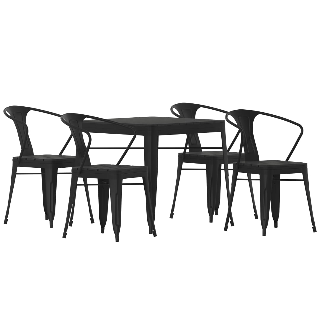 Helvey Commercial 5 Piece Indoor-Outdoor Table and Chairs, 31.5" Square Table with Poly Resin Top, 4 Metal Chairs with Poly Resin Seats, Black