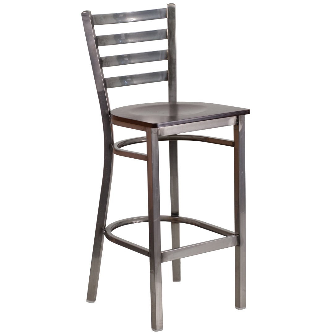 HERCULES Series Silver Antique Finish with Clear Coat Ladder Back Metal Restaurant Barstool - Walnut Wood Seat