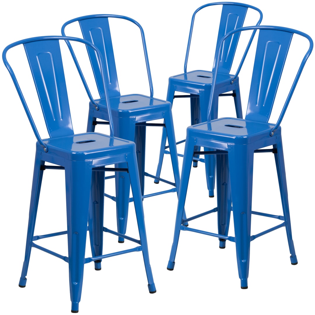 Lily Commercial Grade 4 Pack 24" High Blue Metal Indoor-Outdoor Counter Height Stool with Removable Back