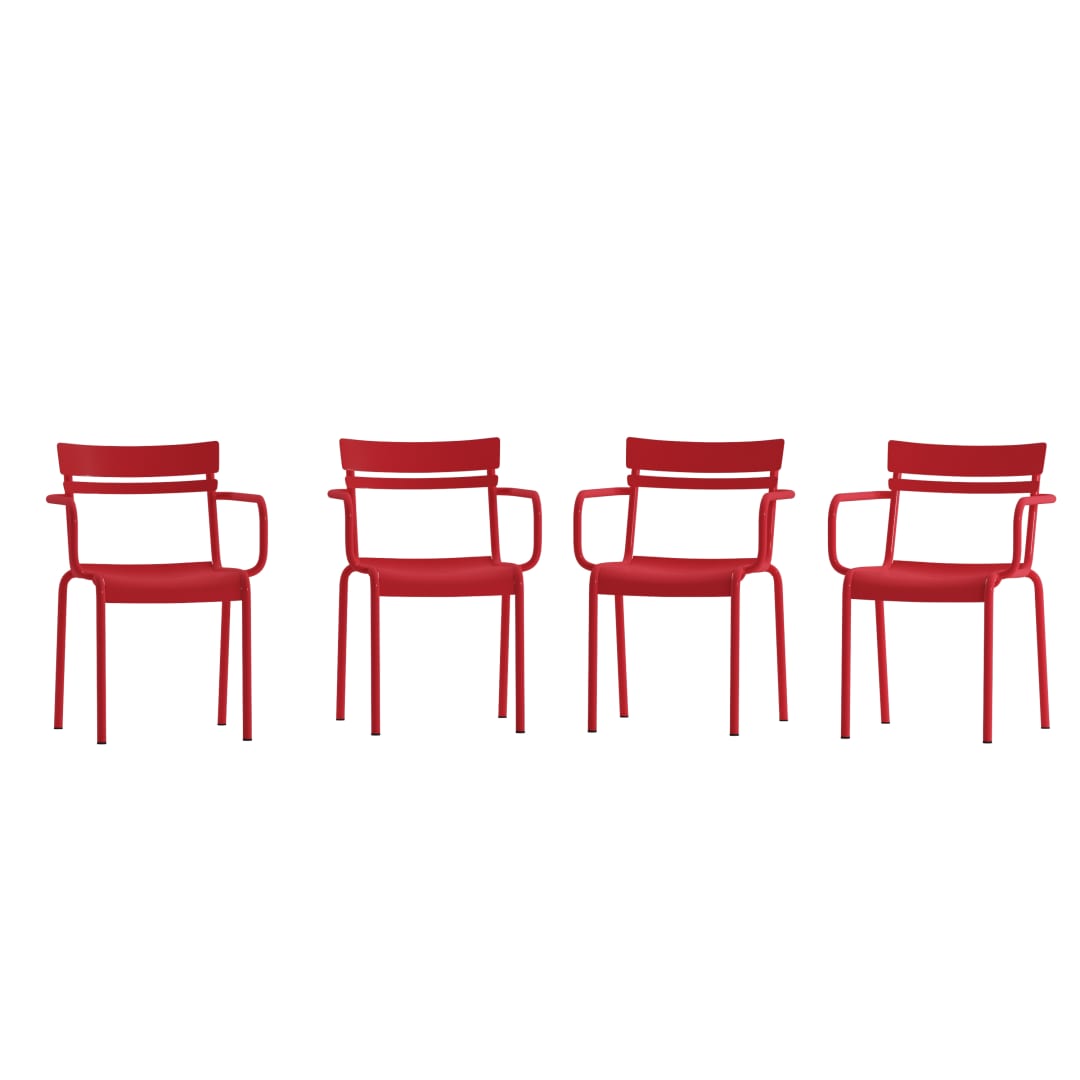 Nash Commercial Grade Red Steel Indoor-Outdoor Stackable Chair with 2 Slats and Arms, Set of 4