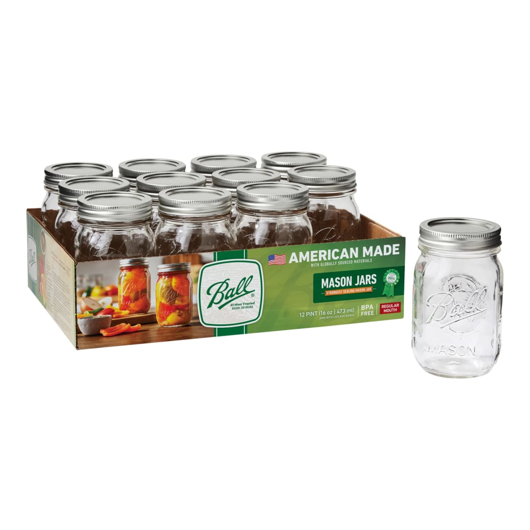 Ball® Regular Mouth Pint 16oz. Glass Mason Jar with Lids and Bands, 12 Count