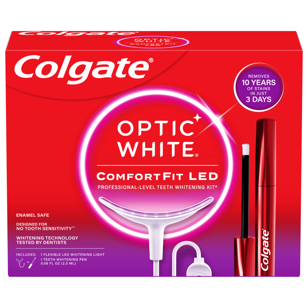 Colgate Optic White ComfortFit LED Teeth Whitening Kit, Hydrogen Peroxide Teeth Whitening Gel Kit, Helps Remove 10 Years of Stains, Enamel Safe, Includes Whitening Pen and Flexible LED Light
