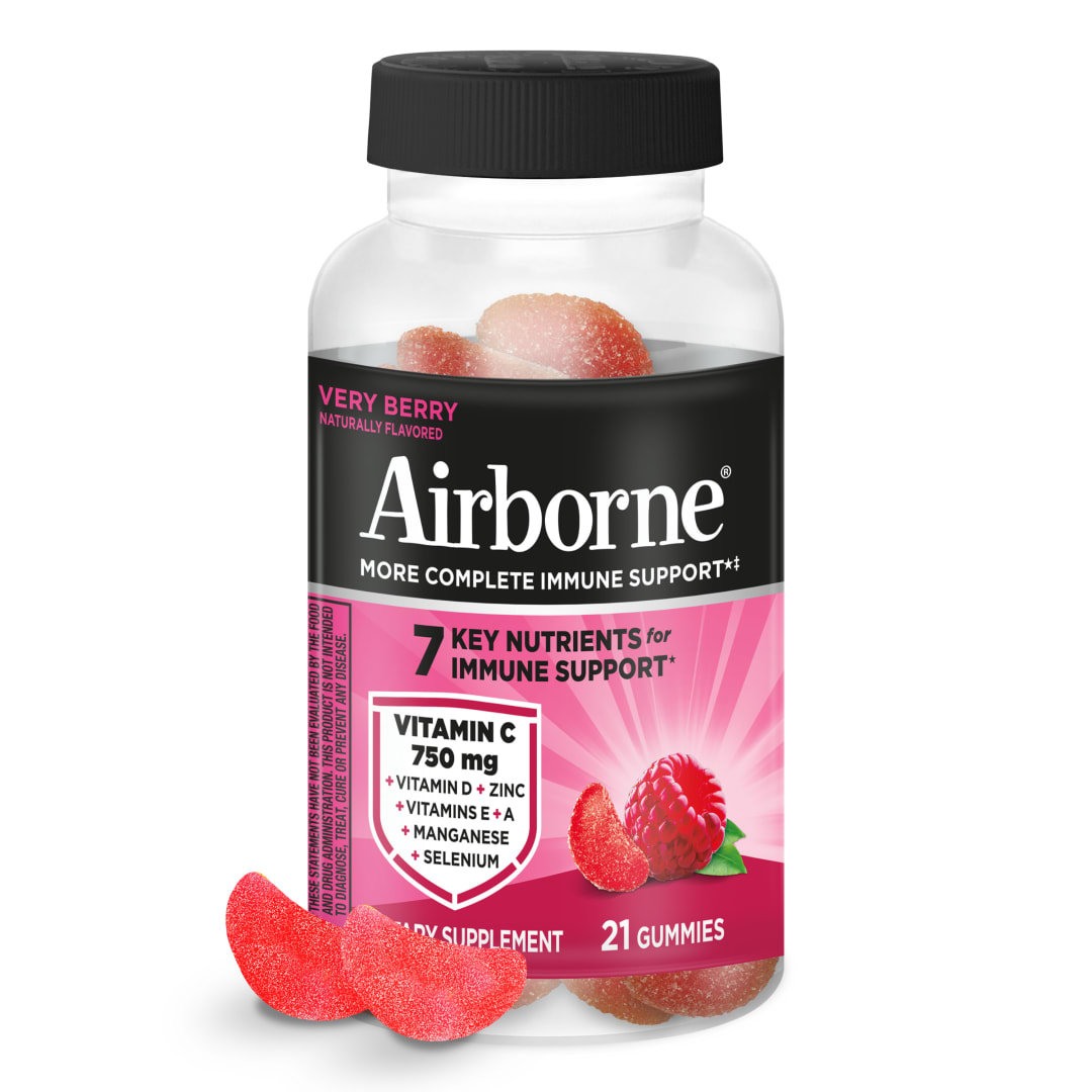 Gominolas Airborne para el Soporte Inmunológico, Sabor Frutos del Bosque, 21 uds - 750 mg Vitamina C + Vitaminas A, D y E + Zinc, Selenio y Manganeso | Con mezcla de hierbas | Sabor natural