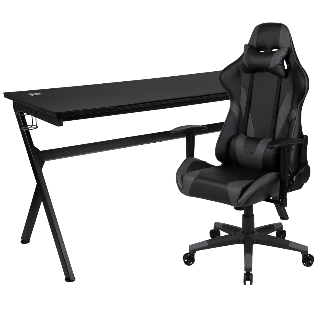 Optis Gaming Desk and Gray/Black Reclining Gaming Chair Set /Cup Holder/Headphone Hook/Removable Mouse Pad Top - Wire Management
