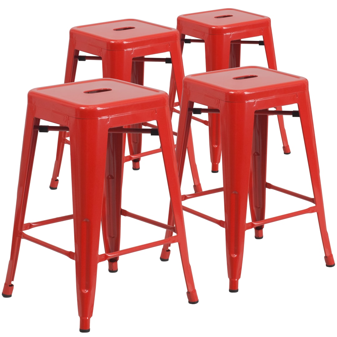 Lily 4 Pack Commercial Grade 24" High Backless Red Metal Indoor-Outdoor Counter Height Stool with Square Seat