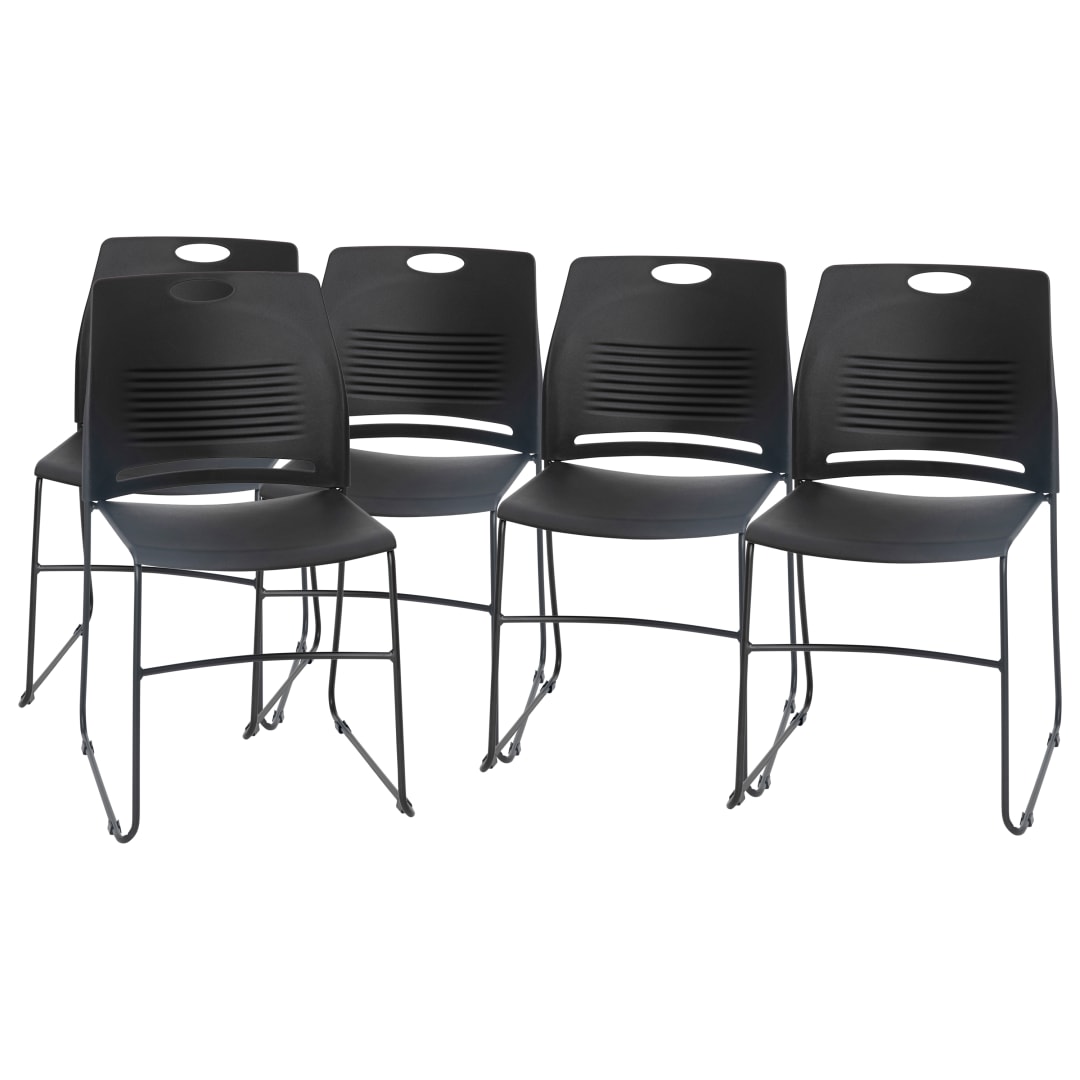 HERCULES Series Set of 5 Commercial 660 lb. Capacity Black Plastic Stack Chairs with Black Powder Coated Sled Base Frames and Carrying Handle