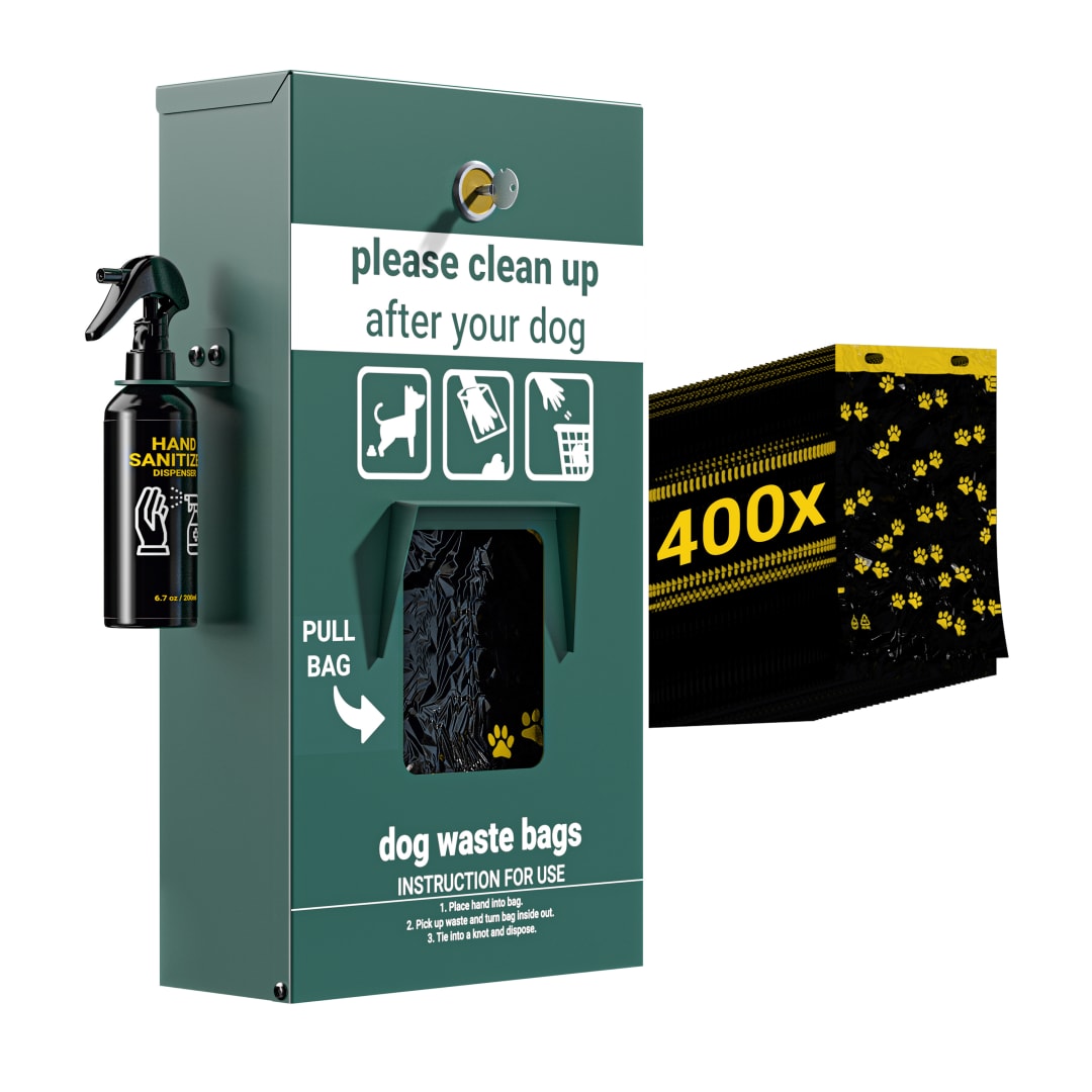Kessler Locking Dog Waste Bag Dispenser with Glow in the Dark Sign, Hand Sanitizer Bottle and Rain Guard - 400 Pull Out Header Bags Included
