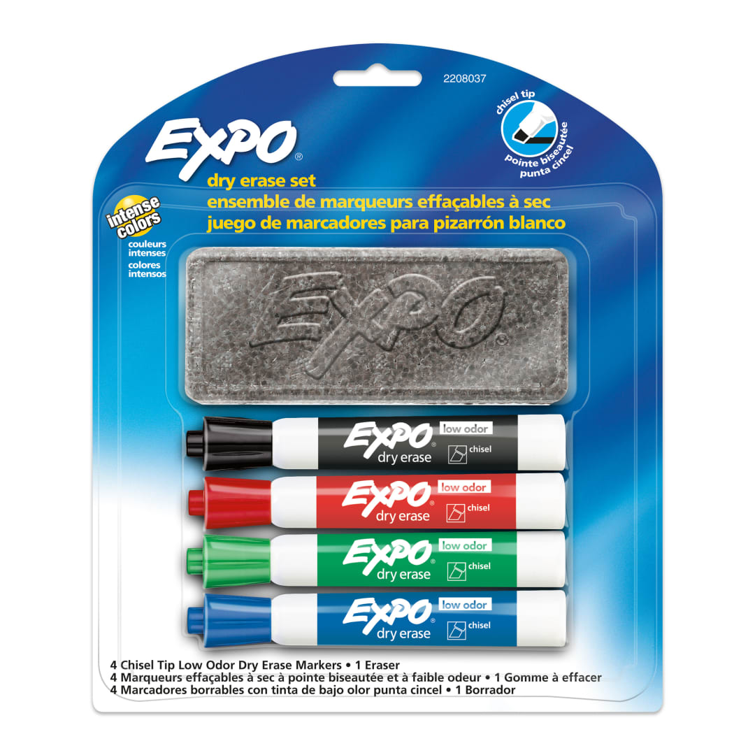 EXPO® Low Odor Dry Erase Markers and Eraser Set, Chisel Tip
