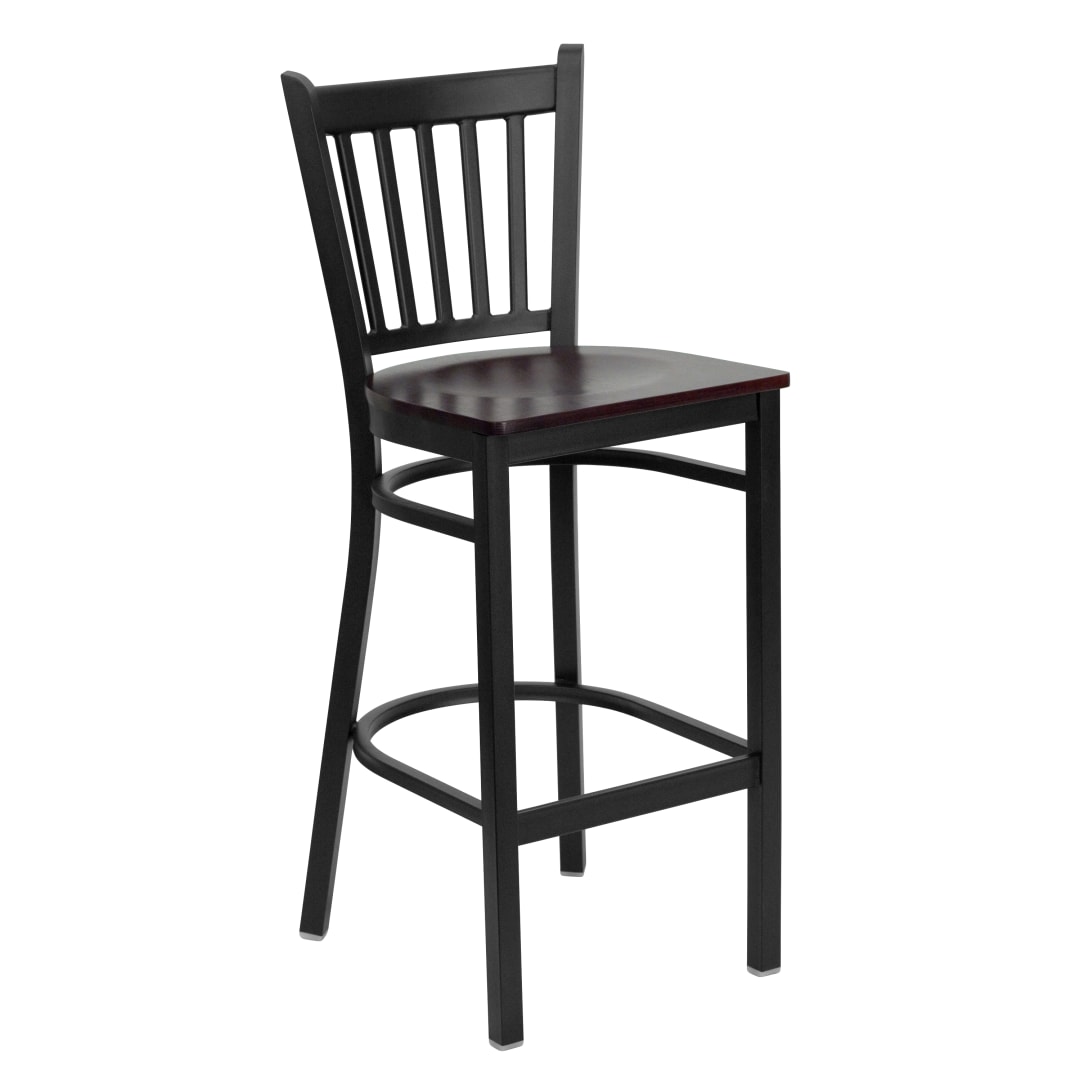 HERCULES Series Black Vertical Back Metal Restaurant Barstool - Mahogany Wood Seat