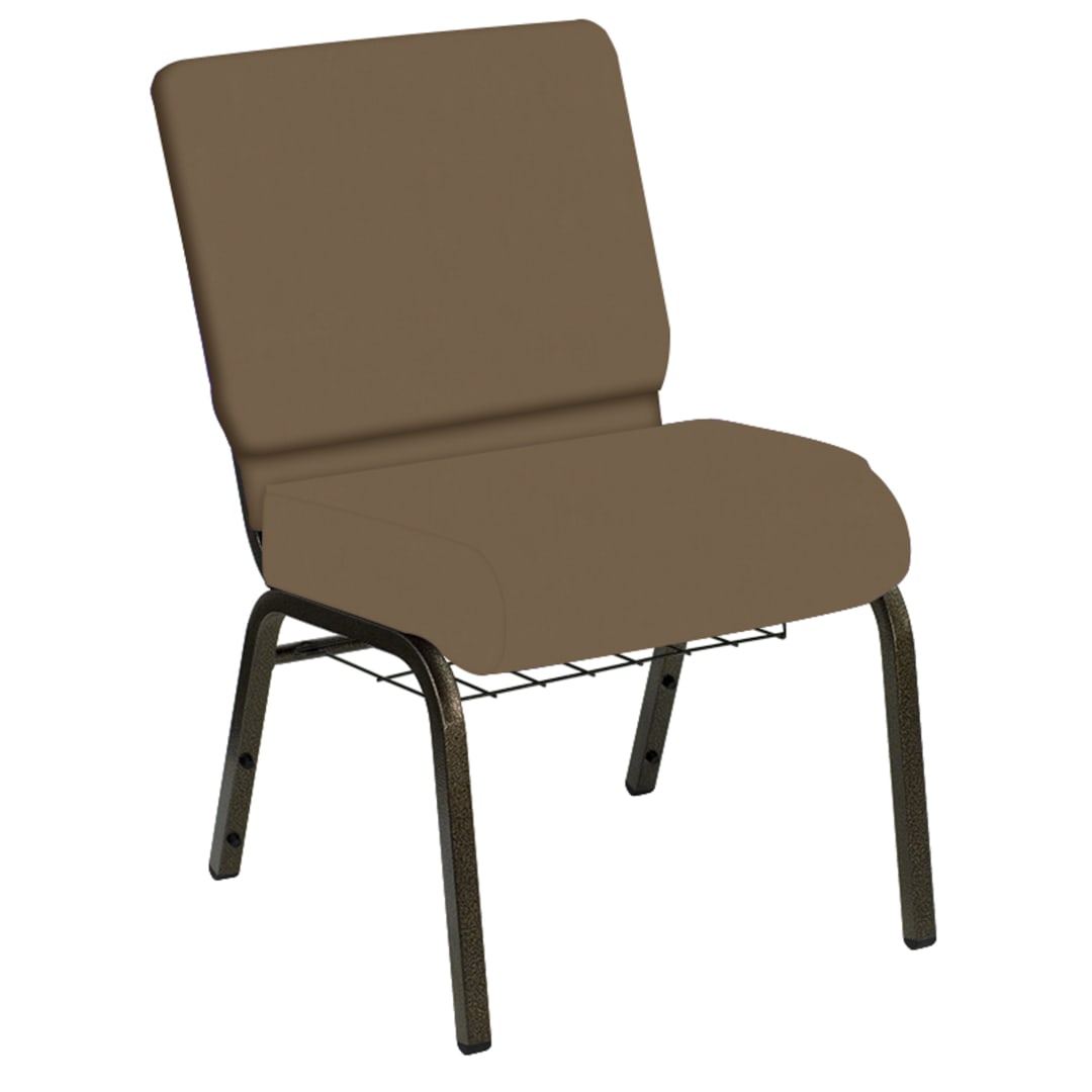 Embroidered HERCULES Series 21''W Church Chair in E-Z Wallaby Taupe Vinyl with Book Rack - Gold Vein Frame