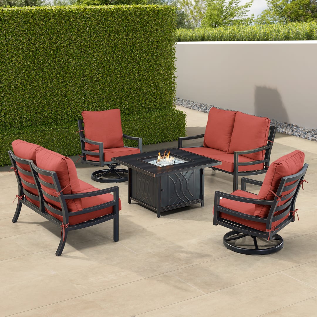 Black Aluminum Patio Fire Table Set with Two Deep Seating Loveseat with Cushions and Two Club Chairs