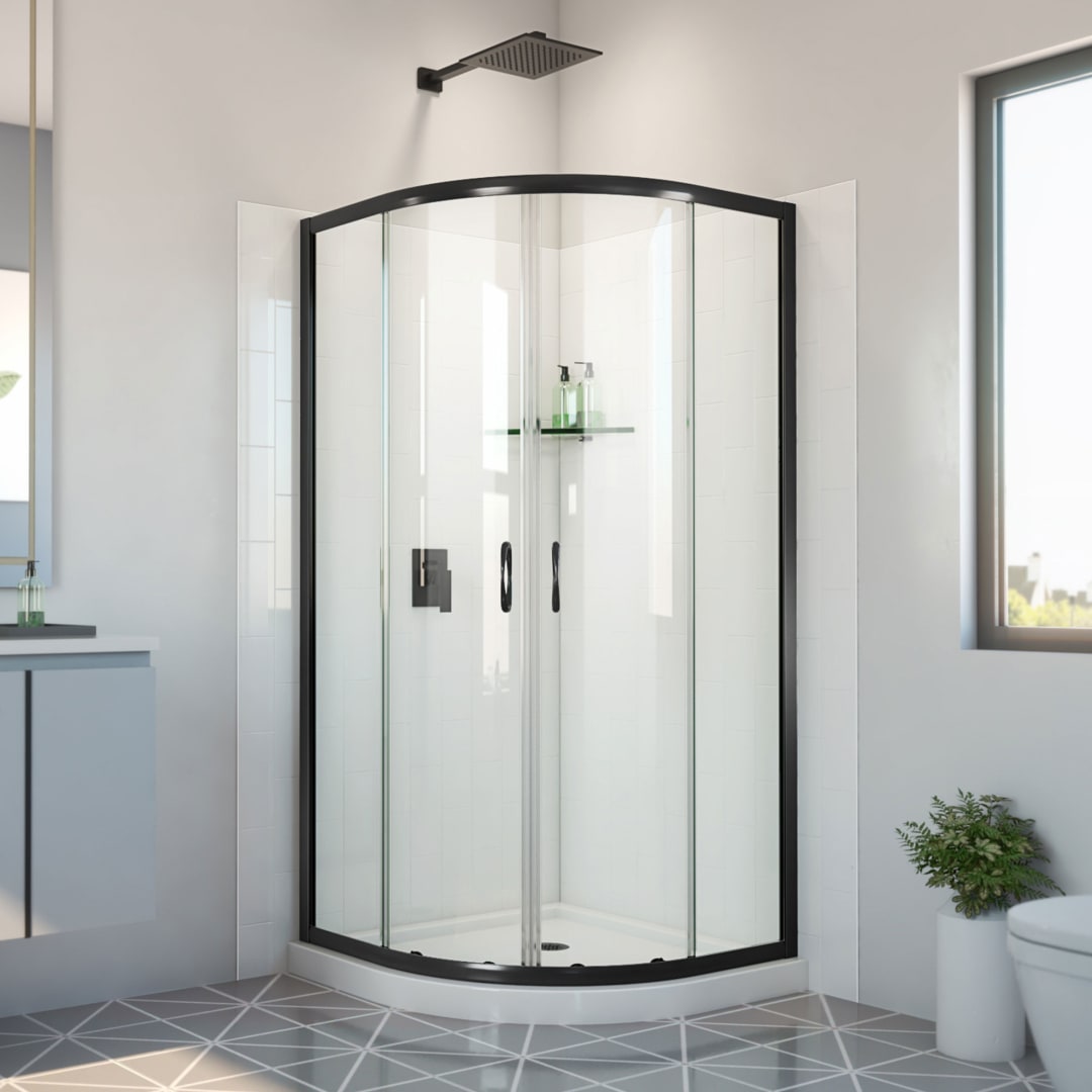 DreamLine Prime 38 inch x 38 inch x 78 3/4 inch H Semi-Frameless Sliding Shower Enclosure in Matte Black and Clear Glass, Shower Base, and Wall Kit in White